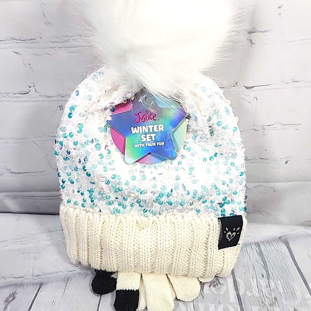 Justice Girls White/CRM Sequin Ribbed Beanie w/faux fur & Gloves 2-Piece Set NWT